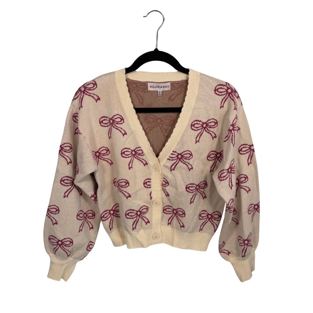 Willow & Wind Women Cream Maroon Bow Cardigan Sweater Size M Coquette Knit